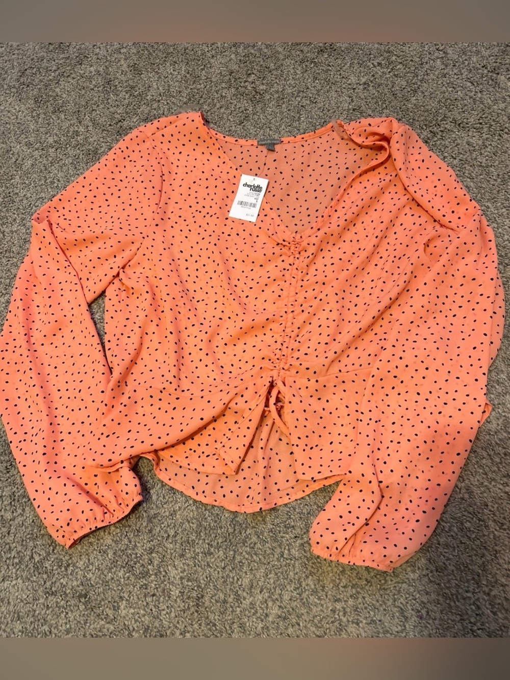 Charlotte Russe Coral Pink Dot-Print Long Sleeve Drawstring Blouse
